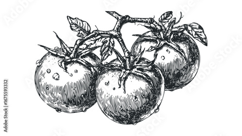 Vintage sketch of three ripe tomatoes on a vine with water droplets. Vector hand drawn illustration