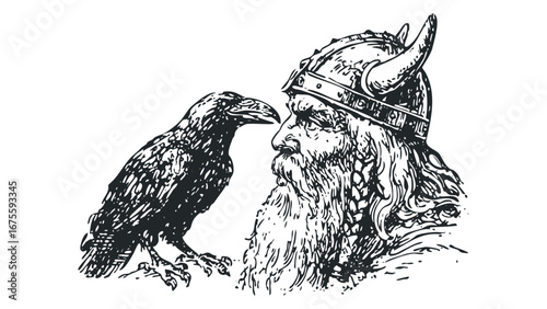 Viking warrior with horn helmet and raven companion portrait. Vector hand drawn illustration