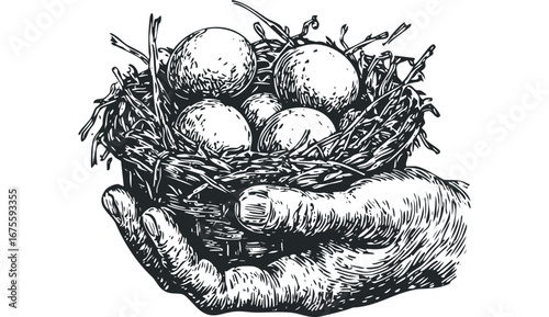 Hand holding bird nest with eggs, high contrast line art. Vector hand drawn illustration