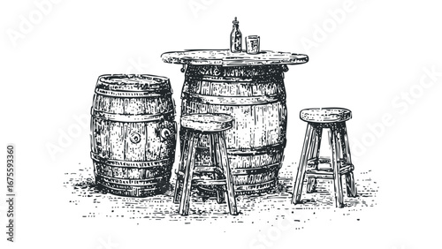 Hand-drawn sketch of rustic wooden barrels and stools with a bottle and glass on a table. Vector hand drawn illustration