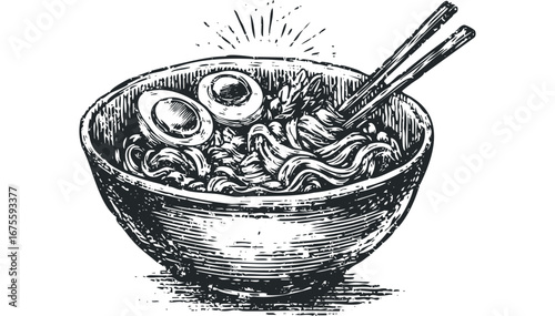 Ink Sketch of a Bowl of Ramen Noodles with Chopsticks and Eggs on Transparent Background. Vector hand drawn illustration