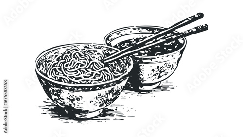 Two bowls of noodles with chopsticks on transparent. Vector hand drawn illustration