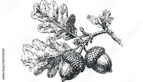 Oak Branch with Acorns and Leaves Pen and Ink Sketch on Transparent Background. Vector hand drawn illustration