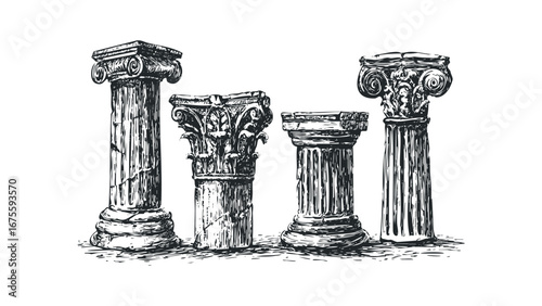 Ancient Greek Doric and Ionic columns with ornate capitals and fluted shafts. Vector hand drawn illustration