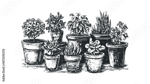 Collection of Potted Plants on White Background. Vector hand drawn illustration