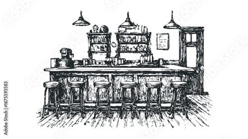 Sketch of a saloon interior with a long bar and stools. Vector hand drawn illustration