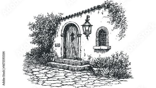 Hand Drawn Entrance Archway with Stone Steps and Lantern. Vector hand drawn illustration