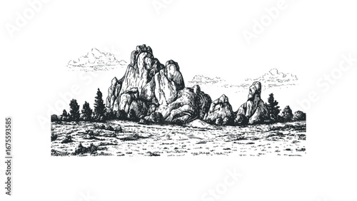 Detailed ink drawing of rugged rock formations and sparse vegetation under a sky with wispy clouds. Vector hand drawn illustration