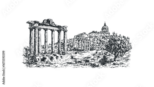 Ancient columned ruins with dome structure and trees sketch. Vector hand drawn illustration