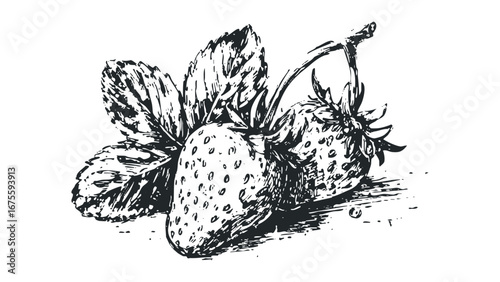 Two hand drawn strawberries with leaves on transparent background. Vector hand drawn illustration