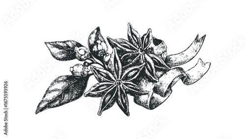 Hand drawn star anise and leaves tied with ribbon. Vector hand drawn illustration