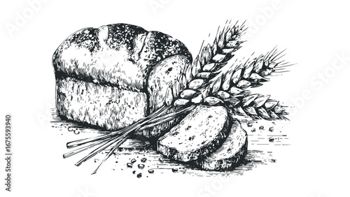 Rustic loaf of bread with sliced pieces and wheat stalks. Vector hand drawn illustration