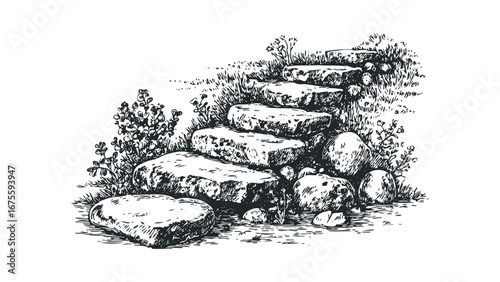 Stone path leading upward through grassy hillside with flowering plants. Vector hand drawn illustration