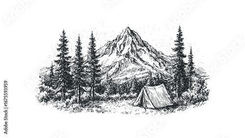 Sketch of a mountain landscape with a tent and pine trees on transparent background. Vector hand drawn illustration