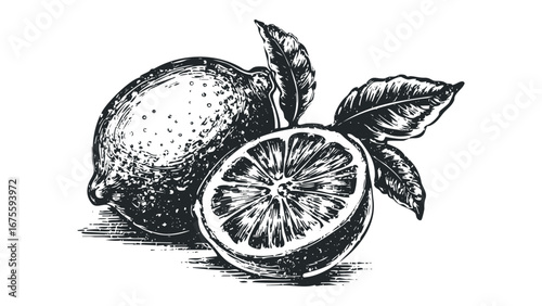 Whole and sliced citrus fruit with leaves in black and white sketchy style. Vector hand drawn illustration
