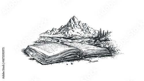 Open book resting on ground with majestic mountain peak and pine trees. Vector hand drawn illustration