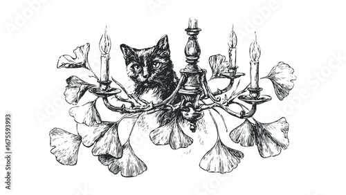 Black cat peeking from vintage candelabra with ginkgo leaves. Vector hand drawn illustration