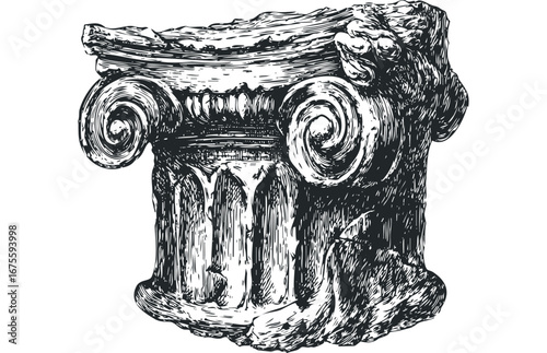 Detailed Ionic Column Capital Fragment with Volutes and Fluted Shaft. Vector hand drawn illustration