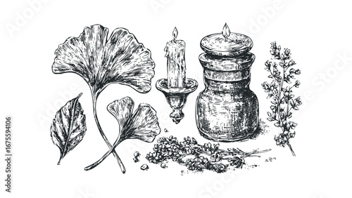 Pencil Sketch Drawing of Ginkgo Leaves, Candle in Holder, and Botanical Sprigs on White. Vector hand drawn illustration