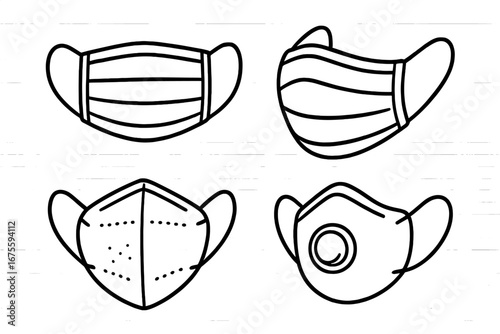 Set of medical face masks line icons. Vector illustration of surgical, N95, and respirator masks. Health protection, safety equipment, virus prevention concept design.