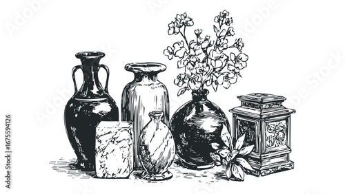 Still life composition featuring various ceramic vases and a floral arrangement. Vector hand drawn illustration