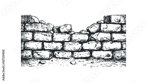 Ancient stone wall with a break in the center. Vector hand drawn illustration