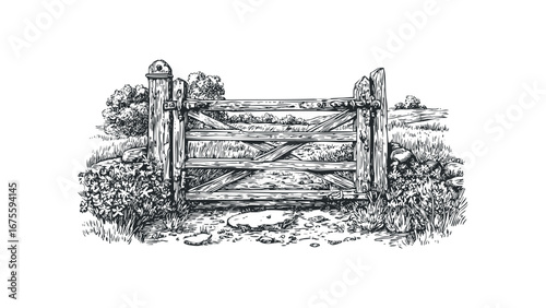 Wooden farm gate with rocky path and grassy field. Vector hand drawn illustration