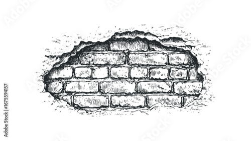 Broken Brick Wall Texture Hand Drawn Sketch. Vector hand drawn illustration