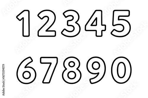 Simple outline numbers set for educational purposes. Collection of digits from 0 to 9. Learn counting. Math symbol template for kids coloring book, worksheet, or design.