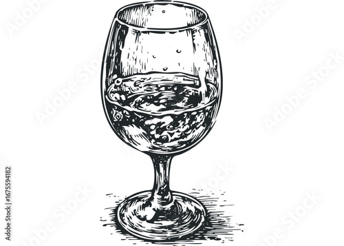 Hand drawn glass filled with bubbly liquid on transparent background. Vector hand drawn illustration