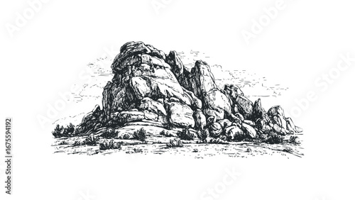 Detailed Sketch of a Rocky Desert Landscape with Sparse Vegetation. Vector hand drawn illustration
