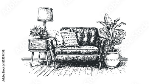 Ink Sketch of a Cozy Living Room Scene with Armchair and Side Table. Vector hand drawn illustration