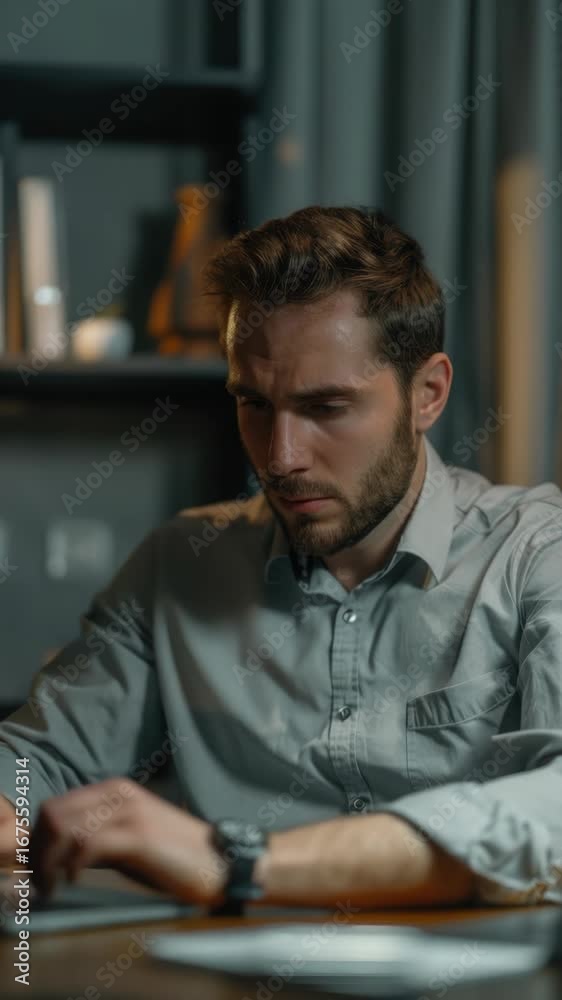 A man intensely focused on his laptop, possibly working late into the night or dealing with a complex task. A man intensely focused on his laptop, possibly working late into the night or dealing with a complex task.