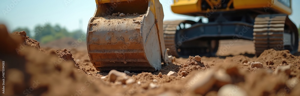Fototapeta premium Close-up of yellow excavator bucket digging earth on sunny day. Heavy machinery worksite, industrial construction, engineering project in progress. Machine moves dirt, rocks for infrastructure