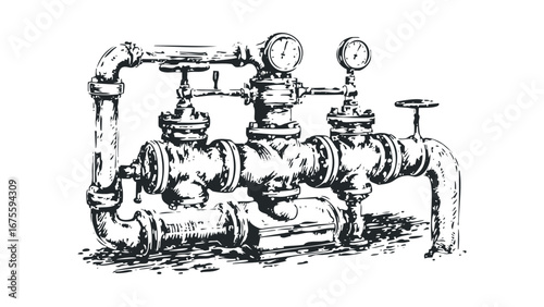 Vintage Industrial Plumbing System with Gauges and Valves. Vector hand drawn illustration
