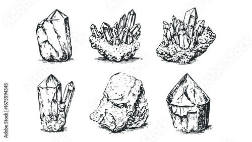 Collection of crystalline rock formations in a hand-drawn black and white graphic style. Vector hand drawn illustration