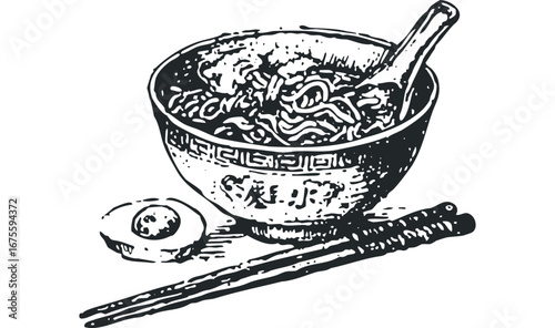 Sketch of a Bowl of Noodles with Chopsticks and Egg. Vector hand drawn illustration