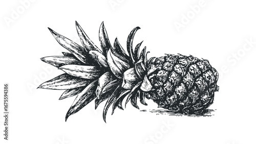 Sketch of a ripe pineapple with spiky leaves on a white background. Vector hand drawn illustration