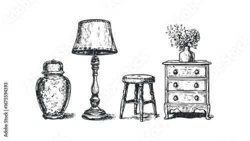 Antique furniture collection featuring a lamp, vase, stool, and dresser. Vector hand drawn illustration