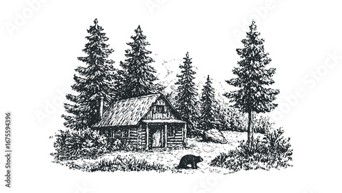 Woodsman's cabin nestled among evergreen trees with a beaver nearby. Vector hand drawn illustration