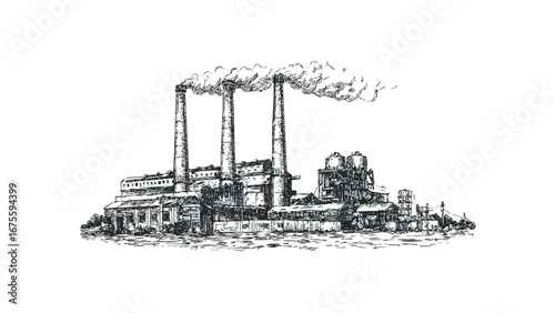 Sketch of a large industrial factory with three smokestacks emitting smoke. Vector hand drawn illustration