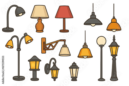 Lamp collection vector icon set. Interior design and home decor elements. Desk, table, floor lamps. Streetlight, lantern, exterior lighting. Cartoon flat illustration.