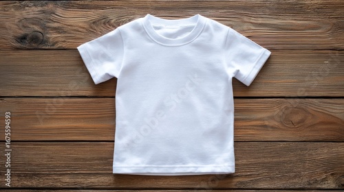 Christmas kid t-shirt mockup on wooden background featuring white shirt with festive holiday decorations, minimal seasonal design for branding, logo placement, and custom print presentation