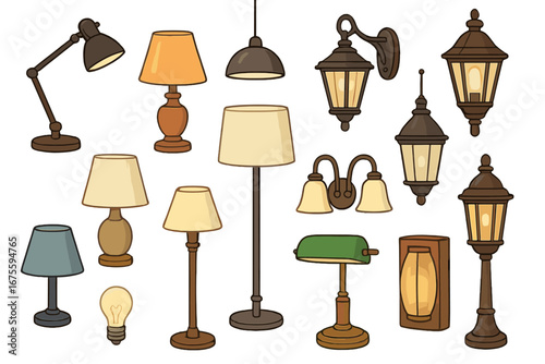 Vector set of lamps. Cartoon lighting collection. Interior and exterior design elements. Desk lamp, floor lamp, lantern, sconce, light bulb icons. Home decor furniture isolated.