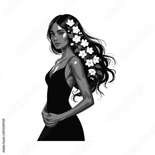 Stylish Woman Silhouette Illustration with Flowers in Hair and Elegant Dress Design