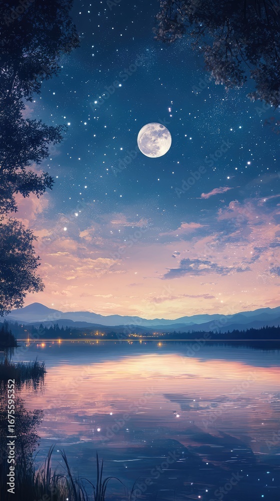 Fototapeta premium Celestial Serenity: Full Moon Illuminates Starry Twilight Sky over Reflective Lake and Distant Mountains