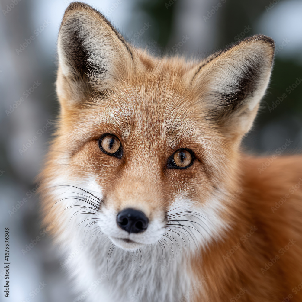 Obraz premium Close-up of a red fox in a snowy forest.