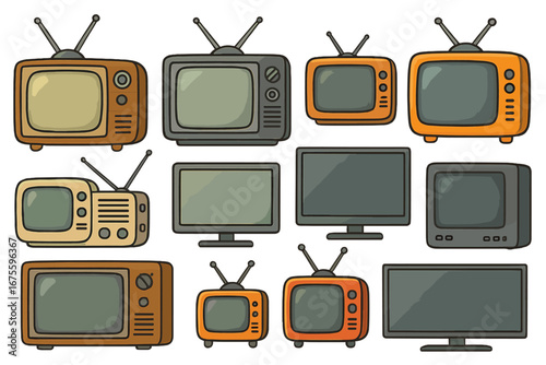 Vector set of retro TV. Vintage and modern television collection. Cartoon illustration. Technology evolution concept. Old classic electronic receiver. Media broadcast graphic.