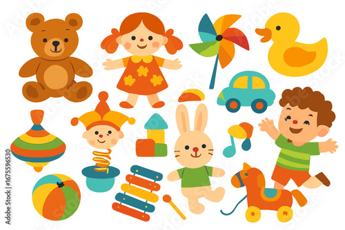 Colorful collection of retro kids toys and playful characters. Vector cartoon illustration set with teddy bear, doll, pinwheel, car, rabbit, and duck. Childhood play concept.
