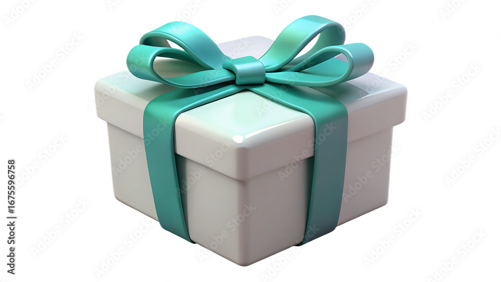 Fototapeta premium A white gift box with a turquoise ribbon and bow isolated on transparent background, perfect for birthdays, holidays, and special occasions